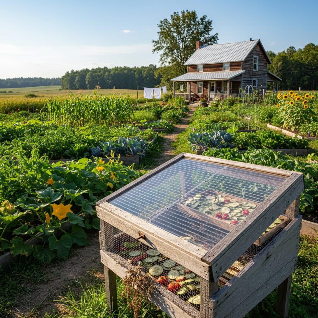 A rustic, homemade solar food dehydrator made from scrap wood, sitting in a sunny garden with a farmhouse in the background.