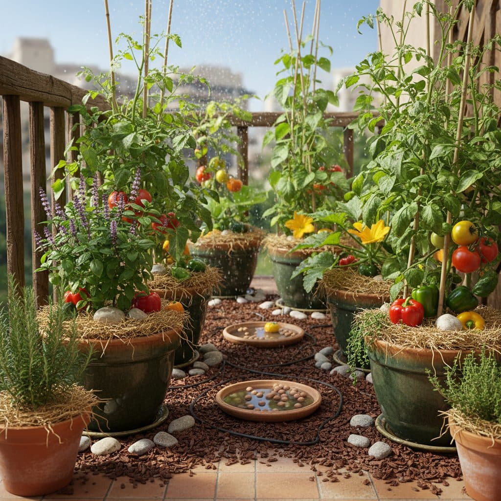 A sunny balcony container garden in USDA Zone 9, showcasing double-potted plants and thick mulch layers for root protection.