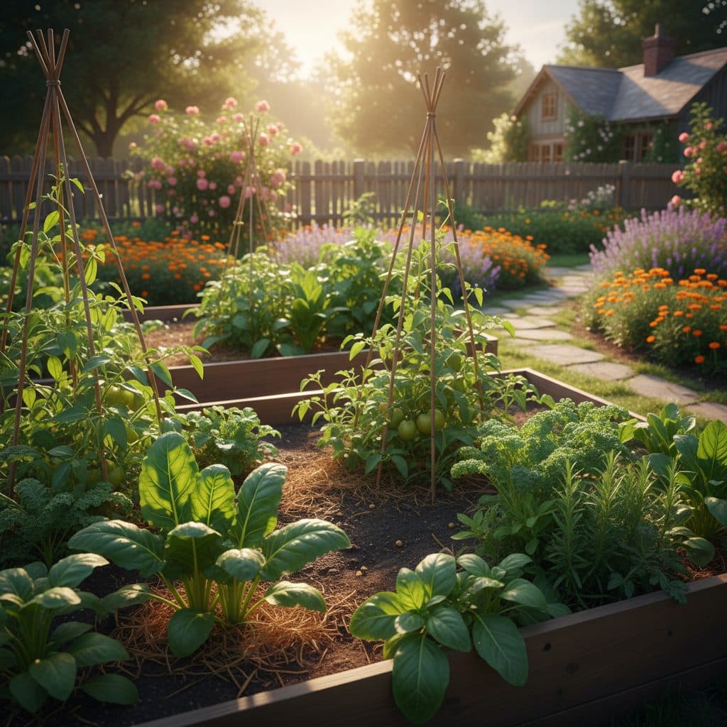 A raised garden bed on a sunny US homestead, with visible drip irrigation lines watering healthy vegetable plants. A smart timer is attached to the spigot.