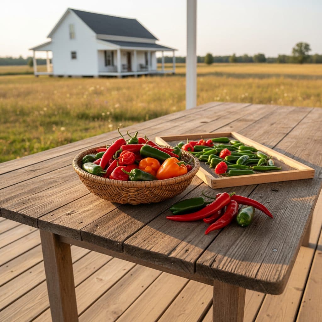 Freshly harvested cayenne, jalapeno, and paprika peppers on a drying screen on a homestead porch.