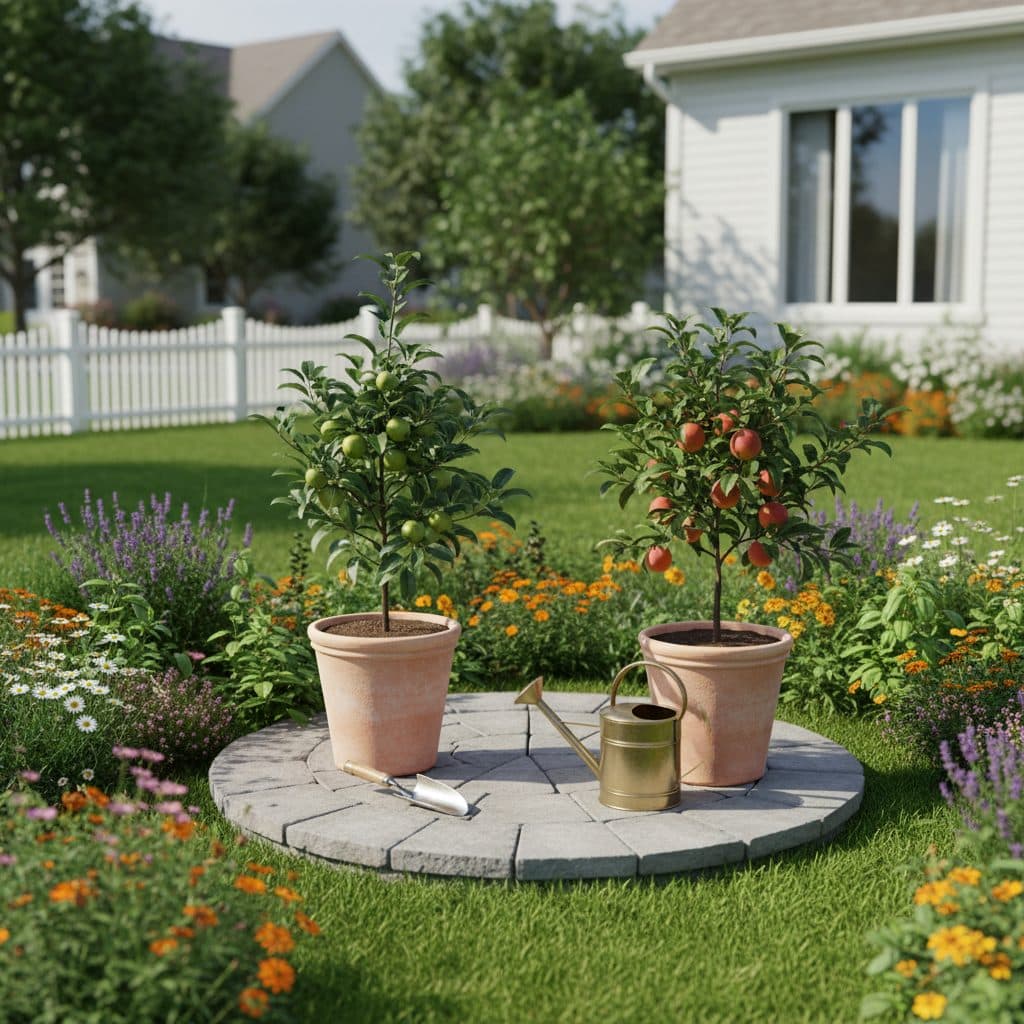 Dwarf apple and peach trees growing in large pots on a sunny patio.