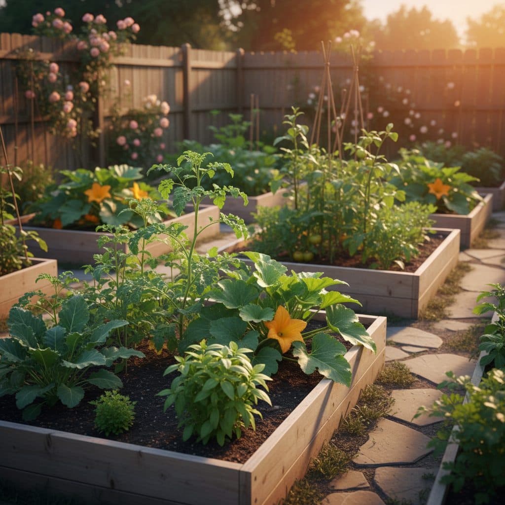 A vibrant balcony garden featuring a variety of vegetables growing in different containers under bright sunlight.