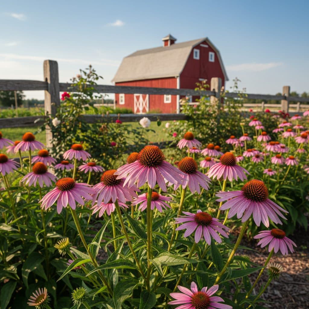 Vibrant purple Echinacea purpurea flowers blooming in a sunny US garden.