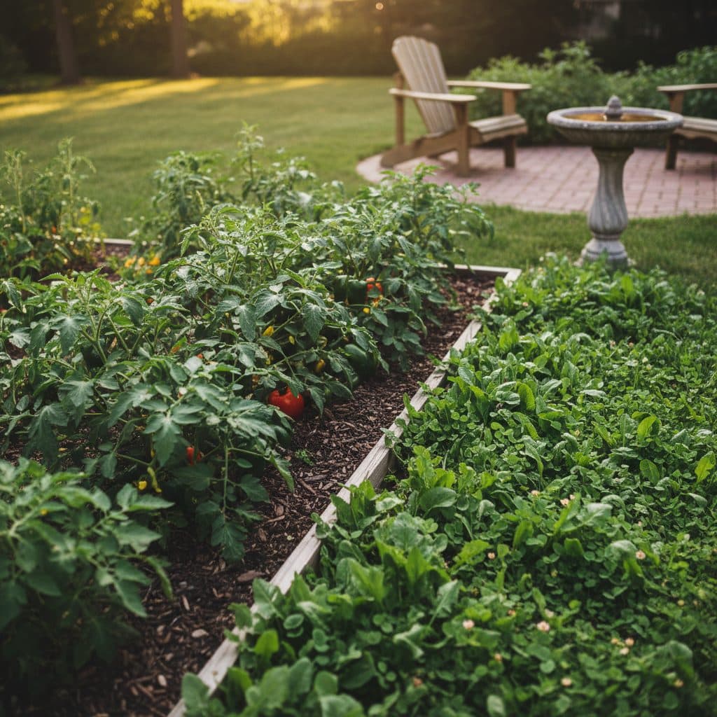 A vibrant backyard with a vegetable garden and patches of wild greens like dandelion and plantain in the grass.