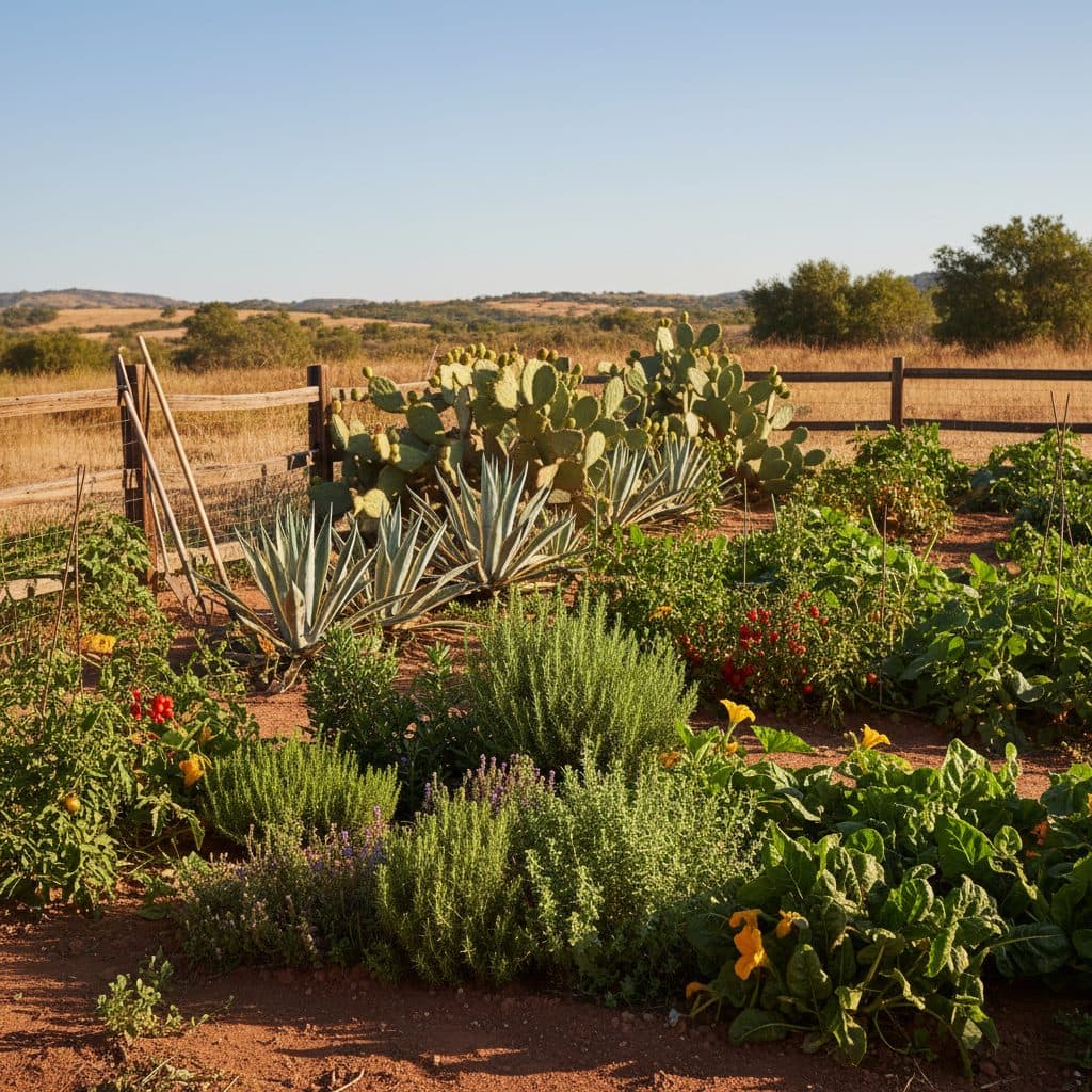 A vibrant edible drought-tolerant landscape replacing a traditional lawn, featuring various low-water plants.