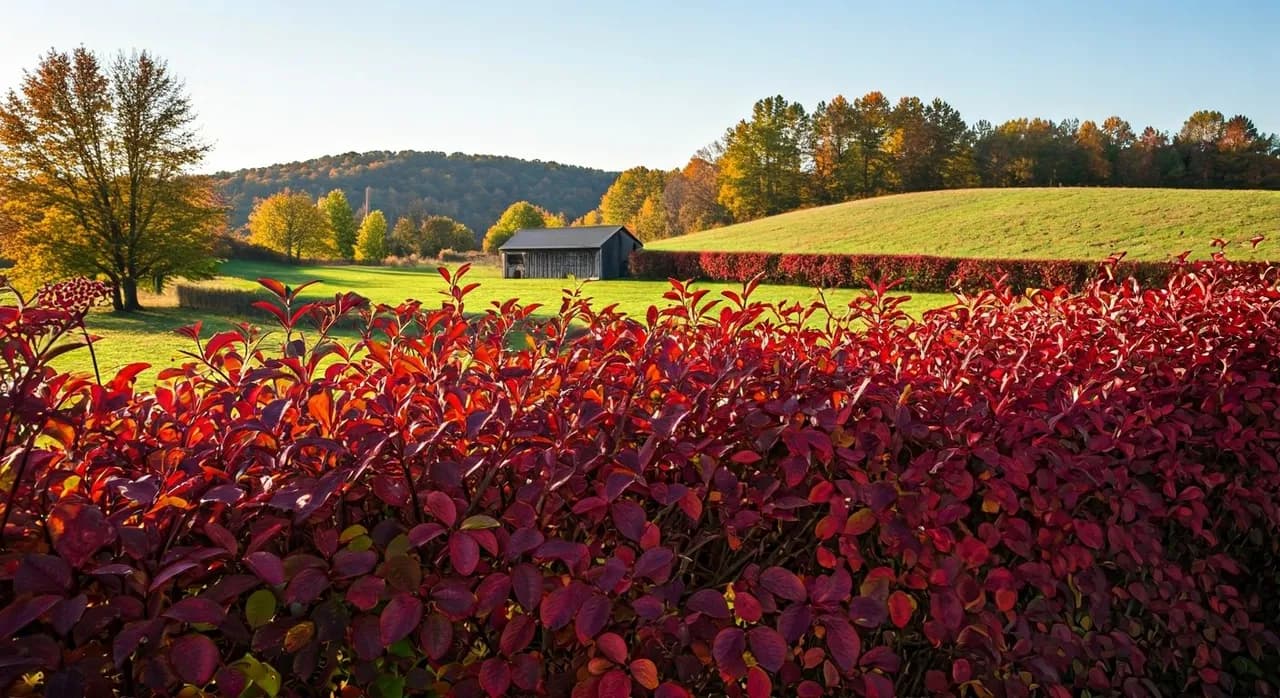 A vibrant edible hedge row of elderberry and aronia in late fall on a US homestead, with a barn and hills in the background.