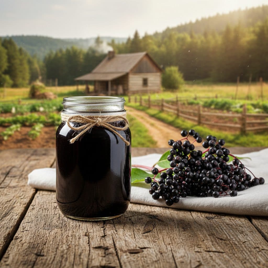 A jar of dark elderberry syrup sits on a rustic wooden table, with fresh elderberry clusters and leaves artfully arranged in the background on a US homestead.