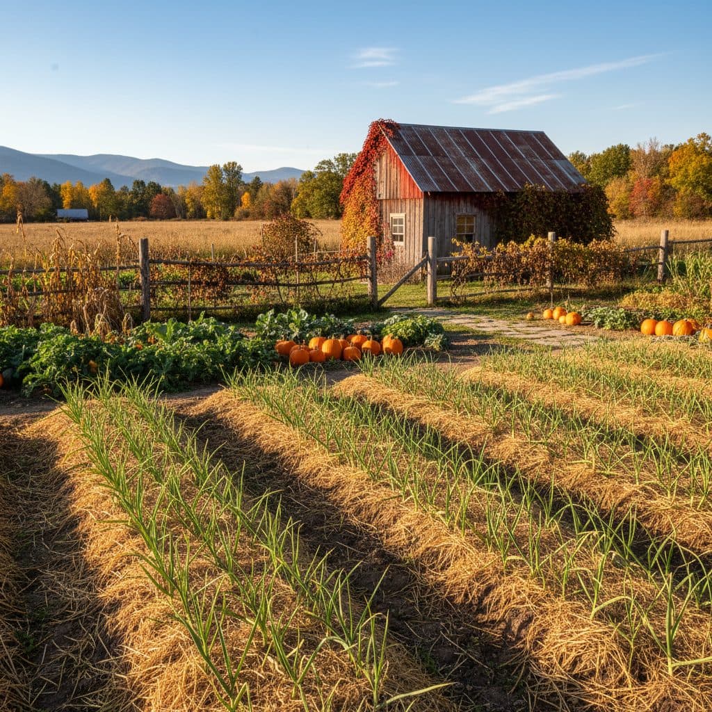 Rows of garlic shoots covered with straw mulch in a fall garden.