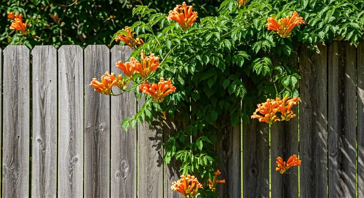 A fast-growing trumpet vine with bright orange flowers covering a wooden fence in a sunny backyard.