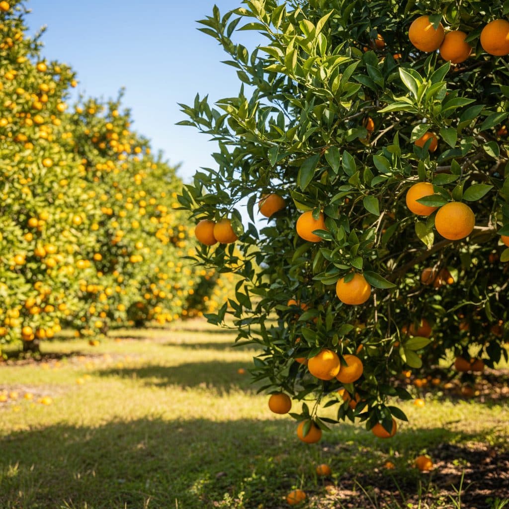 A vibrant Florida citrus grove with ripe oranges and lush green leaves under a clear sky.