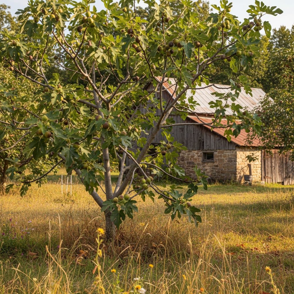 A fig tree in a US backyard orchard, with many figs at various stages of ripening, under a clear sky.