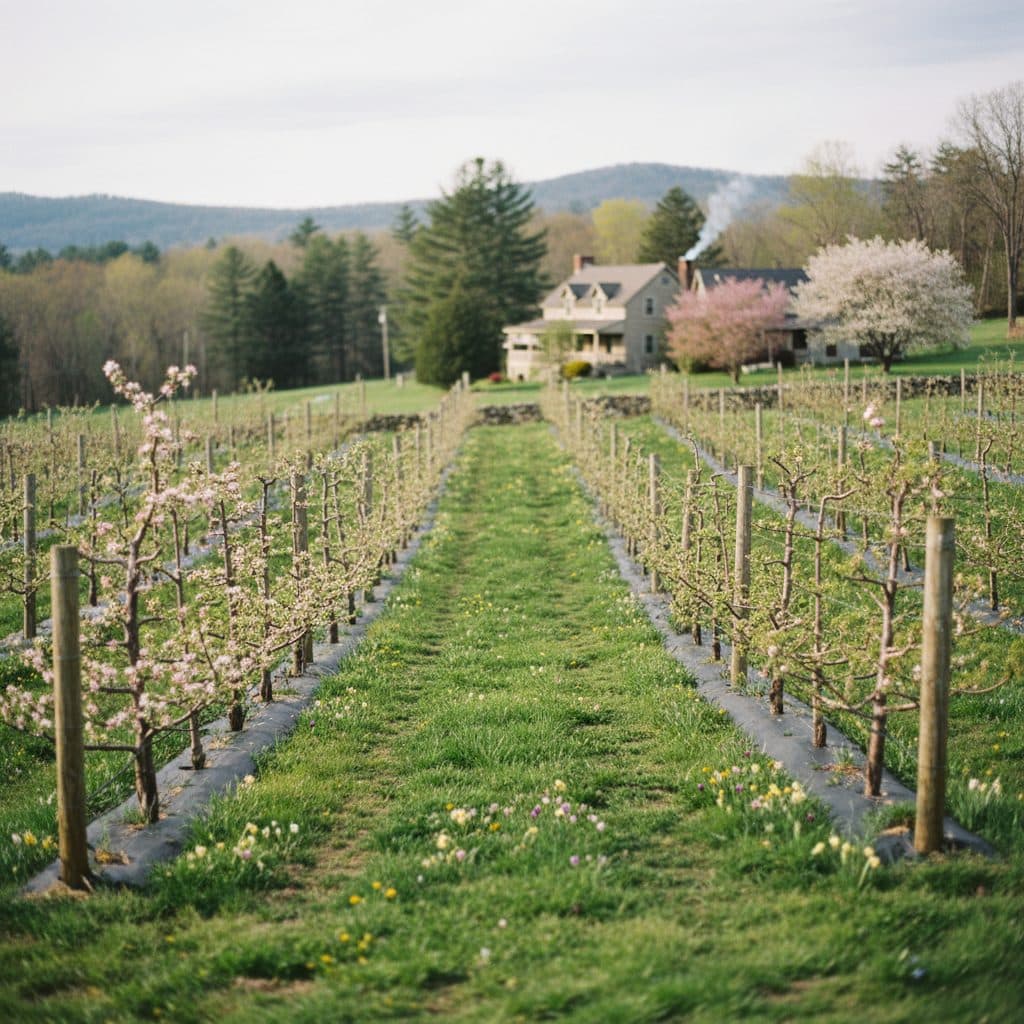 A peaceful home orchard in early spring with young, neatly pruned fruit trees, ready for the growing season.
