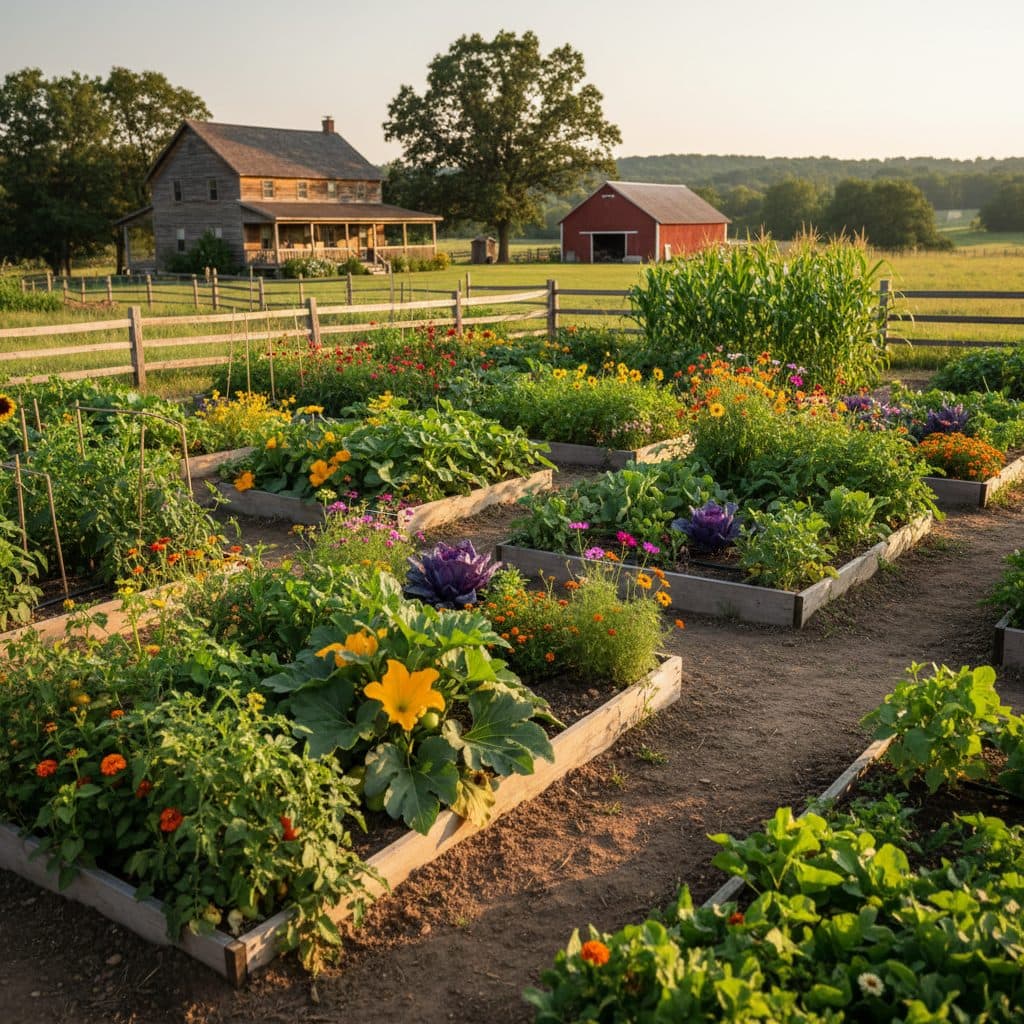 A vibrant US homestead garden with healthy plants growing in rich, dark soil, showcasing successful soil amendment.