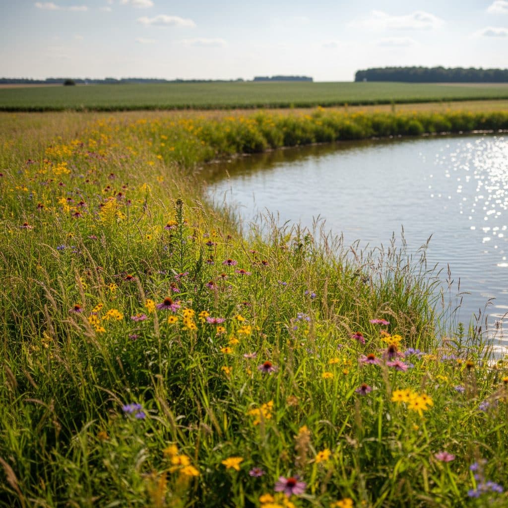 A clean homestead pond surrounded by a vegetative buffer zone of deep-rooted native grasses and cattails, with solar aeration diffusers bubbling gently, early morning dryland light.