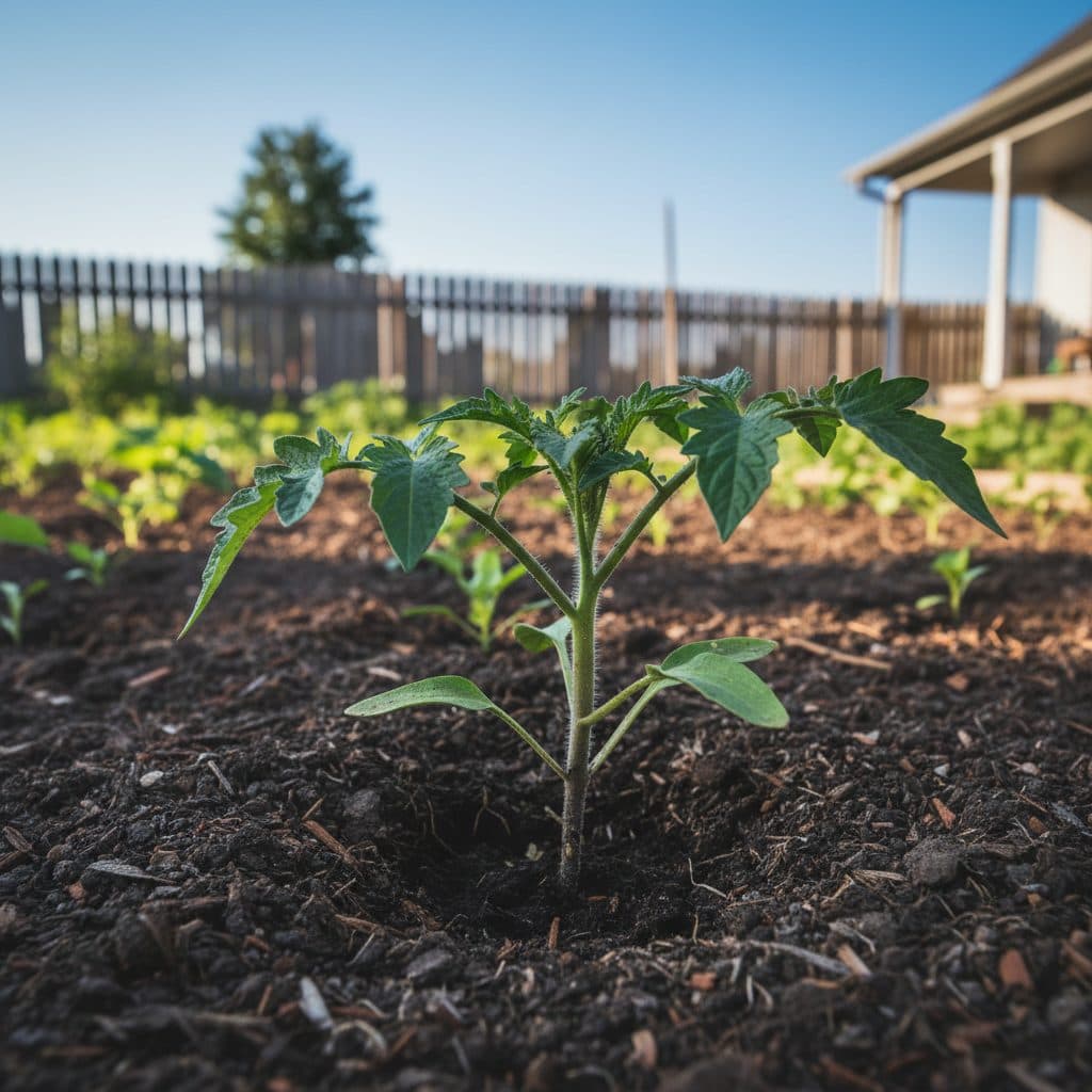 Vibrant tomato seedling thriving in rich garden soil after successful transplant.