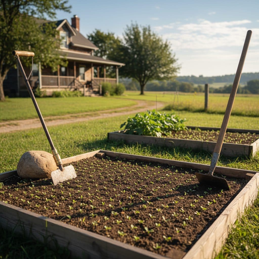 A prepared garden bed with tiny weed sprouts visible, a flame weeder with a propane tank, and a stirrup hoe resting on the soil, illustrating stale seedbed preparation.