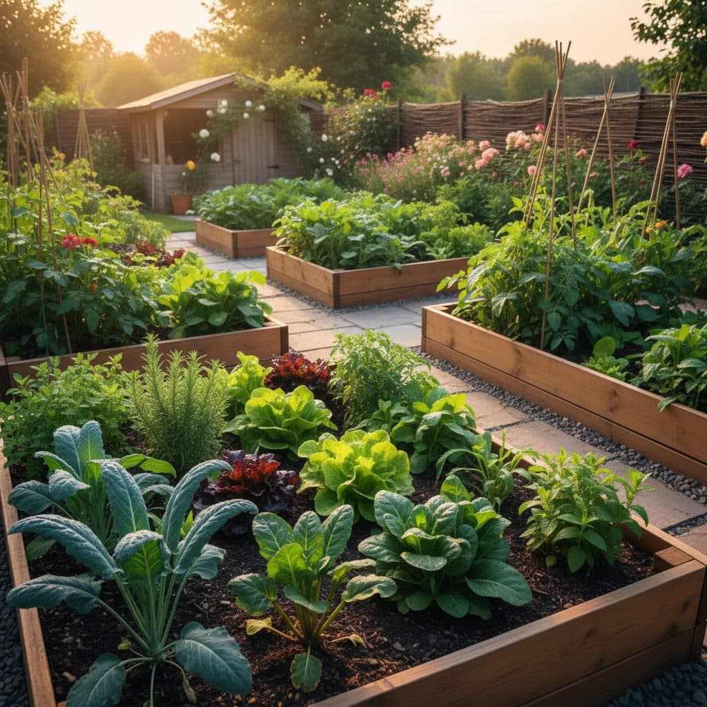 A peaceful homestead garden with neat rows of various vegetables under soft morning light.