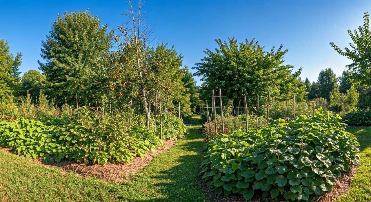 A diverse food forest with fruit trees, berry bushes, and groundcovers in a US homestead.