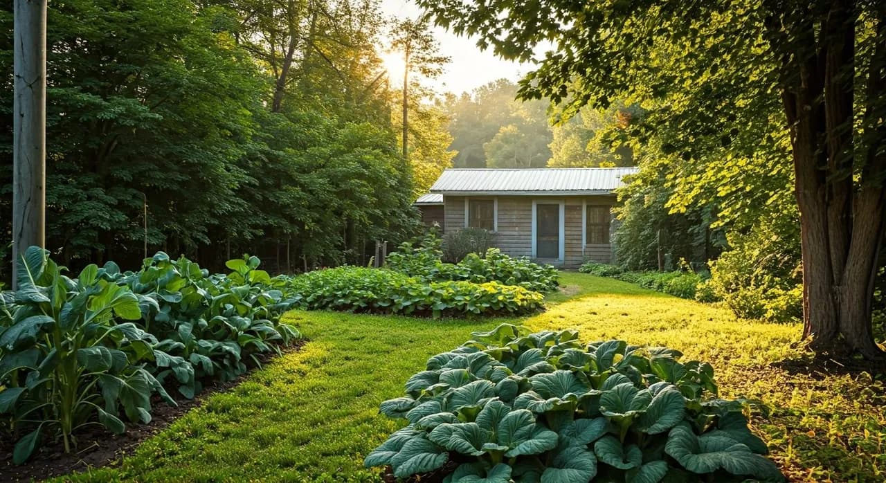A thriving food forest on a US homestead in the Southeast, with various fruit and nut trees, shrubs, and groundcovers under a clear morning sky.