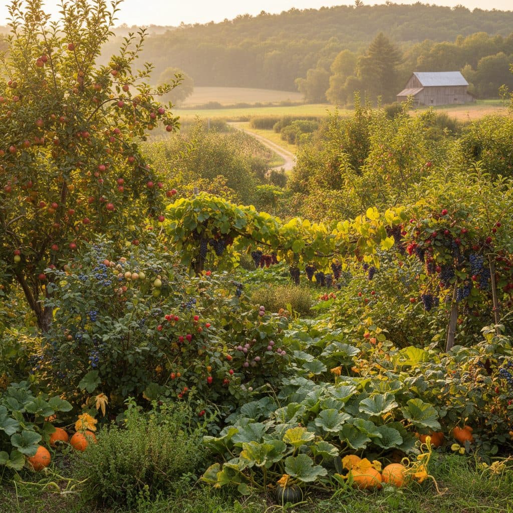 A thriving, multi-layered food forest in a rural US setting during late summer, showing fruit trees, berry bushes, and groundcovers under golden light.