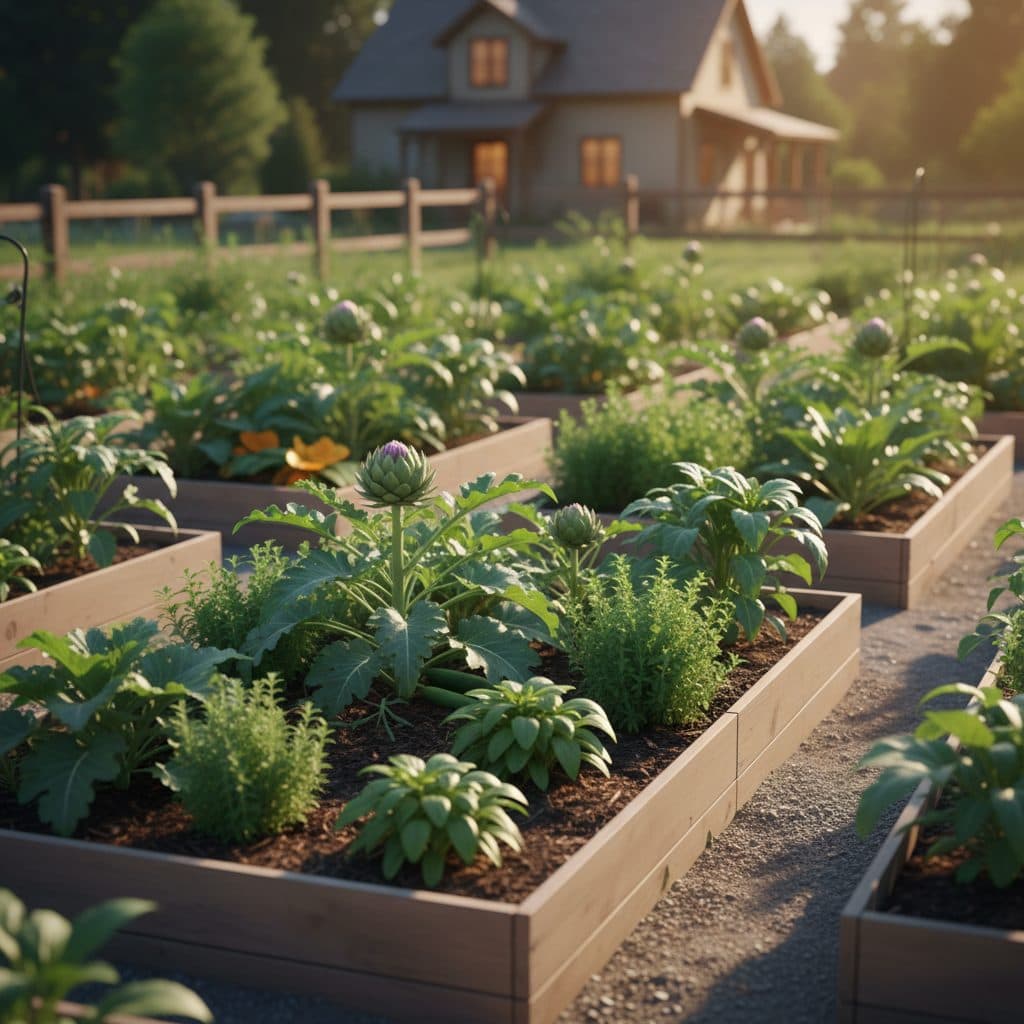 A peaceful US homestead with a small garden and a few mature trees in the background, under a clear sky.