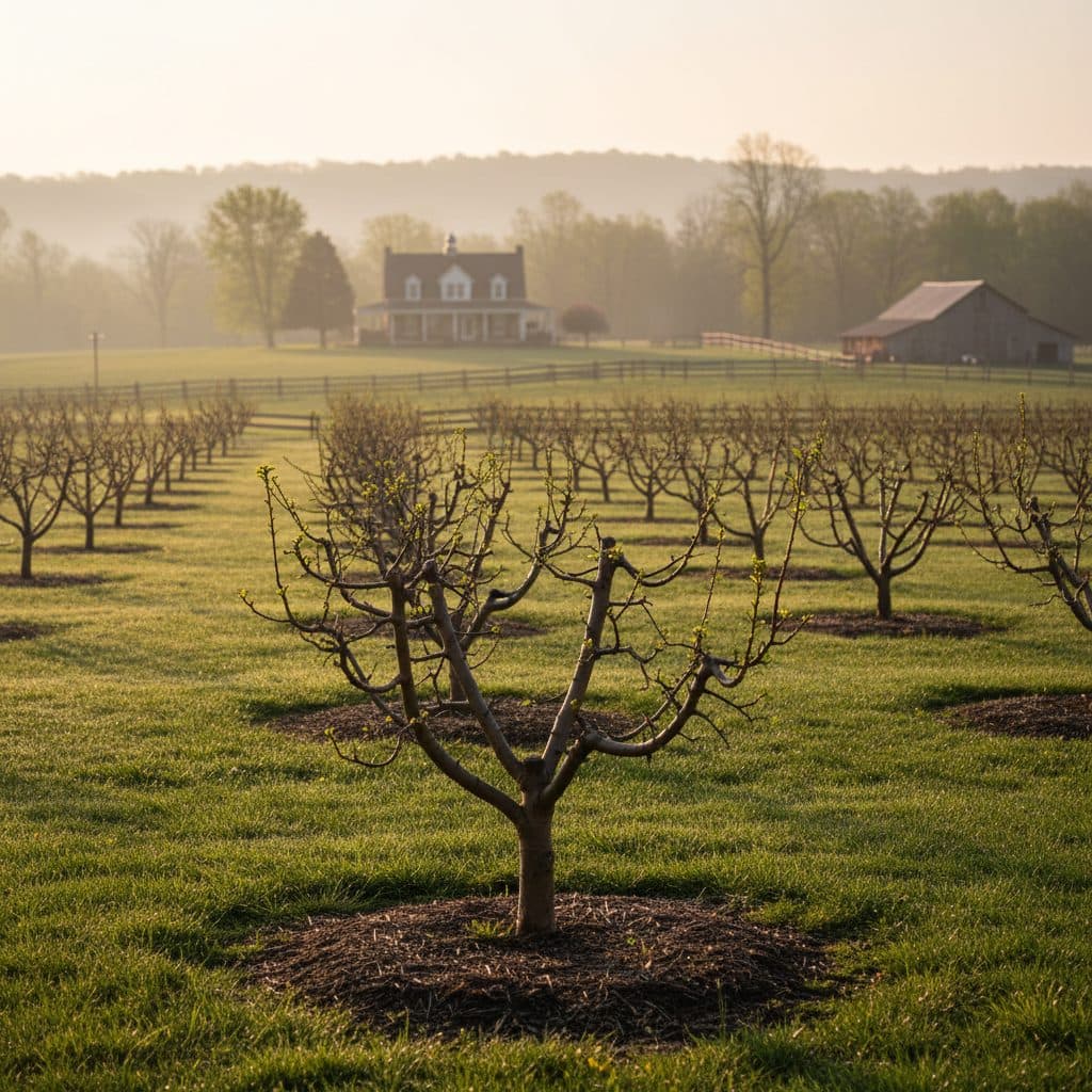A young fruit tree orchard with neatly pruned trees in the morning sun, showcasing structured growth.
