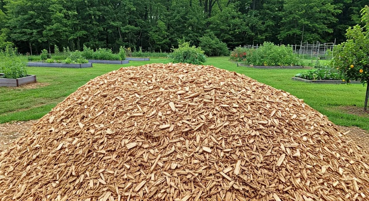 A large, fresh pile of wood chips delivered to a permaculture garden in rural Ohio, ready for spreading.