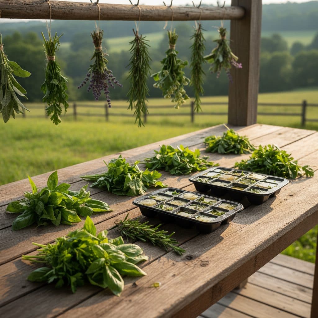 Freshly harvested herbs, some prepared for freezing in oil, others bundled for air drying on a homestead porch.