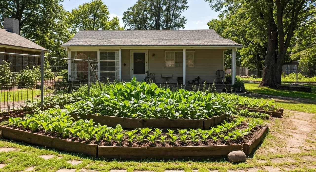 A well-maintained front yard transformed into an edible food forest, featuring fruit trees, berry bushes, and groundcovers, adjacent to a suburban home.