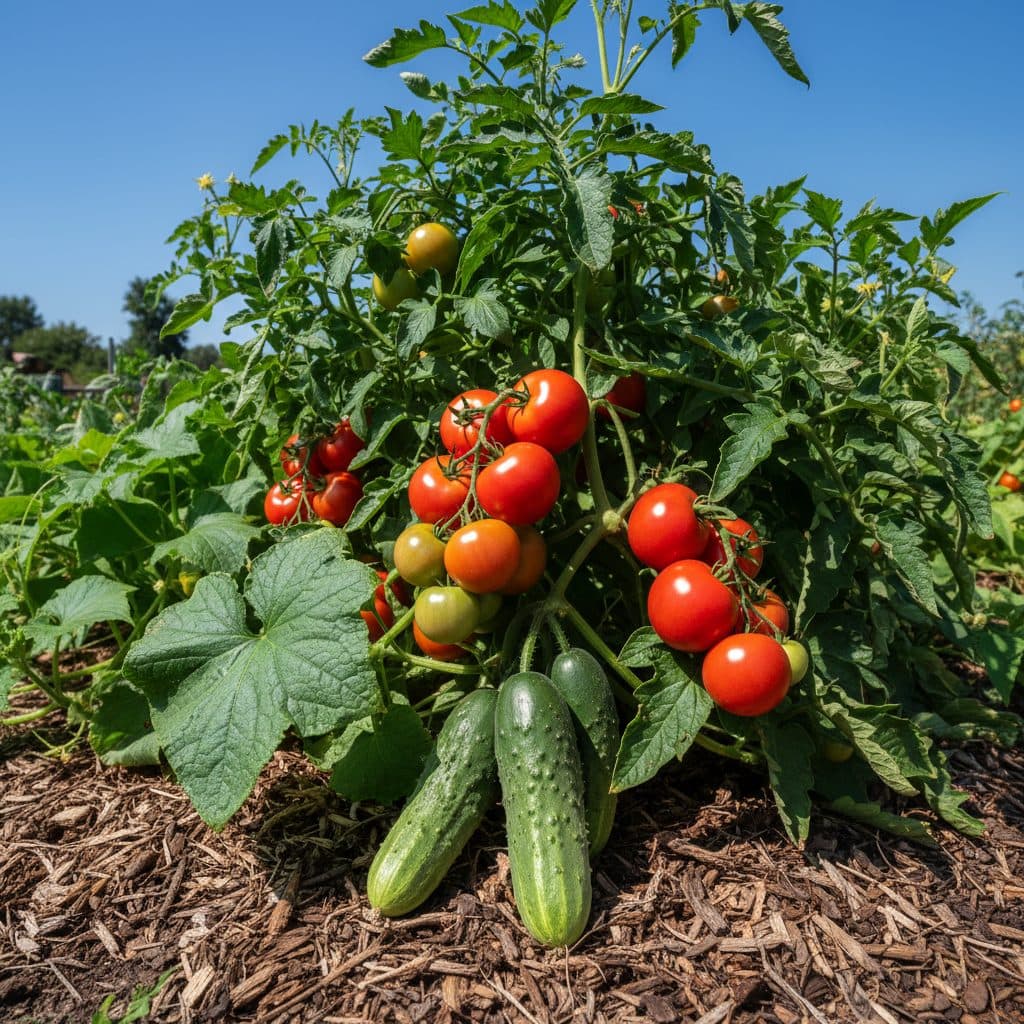 A lush garden with ripe tomatoes and cucumbers, illustrating healthy fruit development.