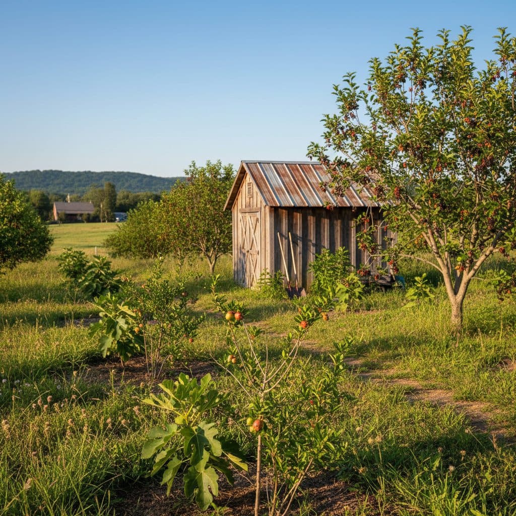 A home orchard in a sunny US homestead, featuring young fig, pomegranate, and mulberry trees.