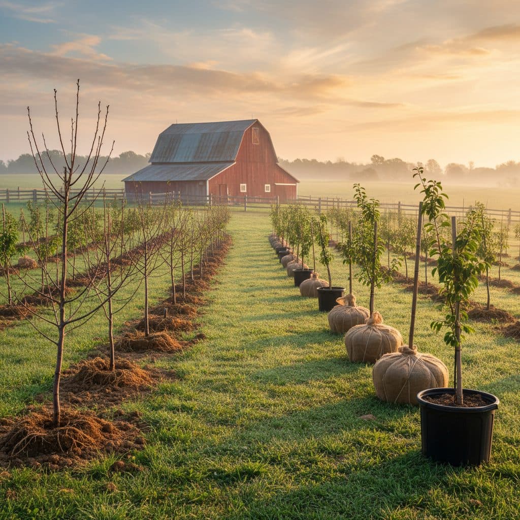 A home orchard at dawn with young fruit trees, some bare-root, some container, some balled-and-burlapped, in a rural US setting.