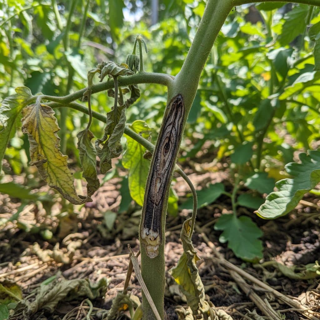 Tomato stem cut lengthwise showing dark brown vascular discoloration from Fusarium wilt
