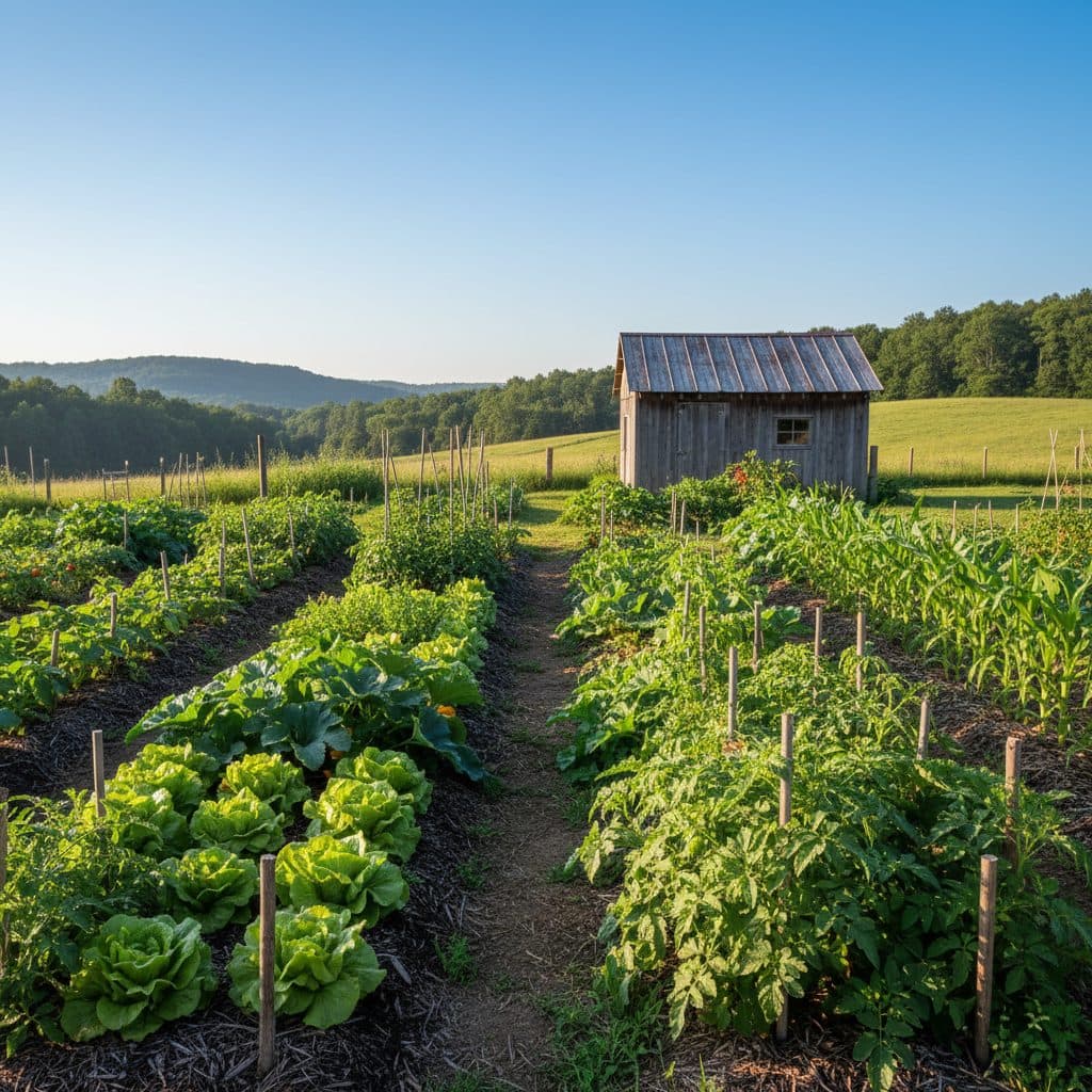 A peaceful morning view of a well-maintained vegetable garden at a US homestead.