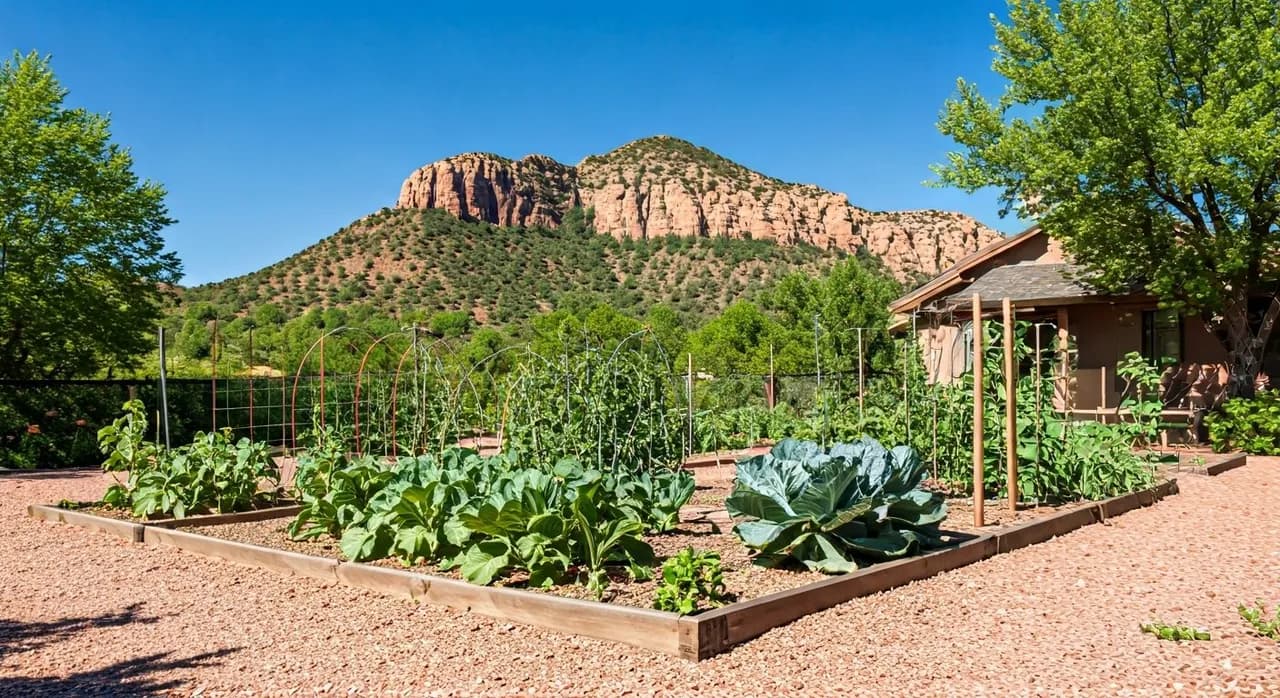 A thriving home garden in raised beds against a backdrop of arid mountains in the American Southwest.