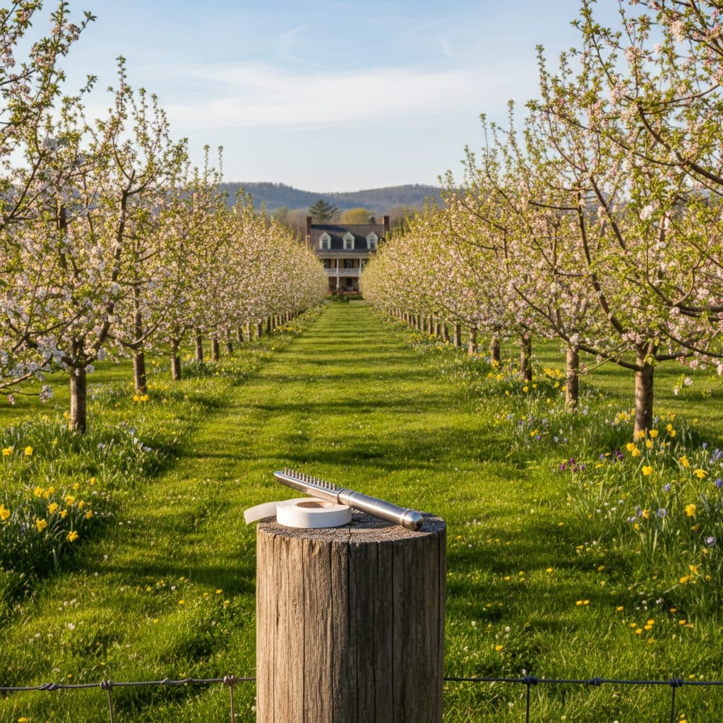 An early spring orchard with young fruit trees, a grafting knife and tape on a post, ready for grafting season.