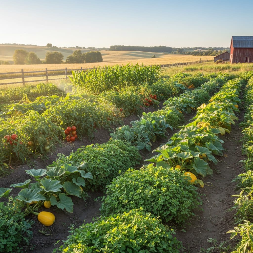 A home garden with healthy vegetables and green cover crops growing in rich, dark soil under a sunny sky in rural America.