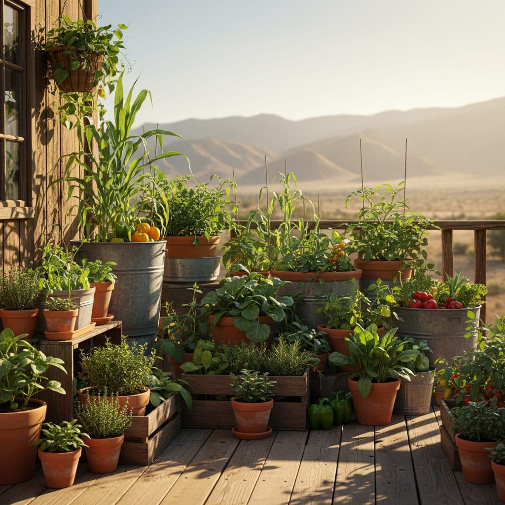 A vibrant container vegetable garden on a sunny patio, with various pots grouped closely together, taller plants like tomatoes shading smaller herbs, demonstrating water-saving techniques.