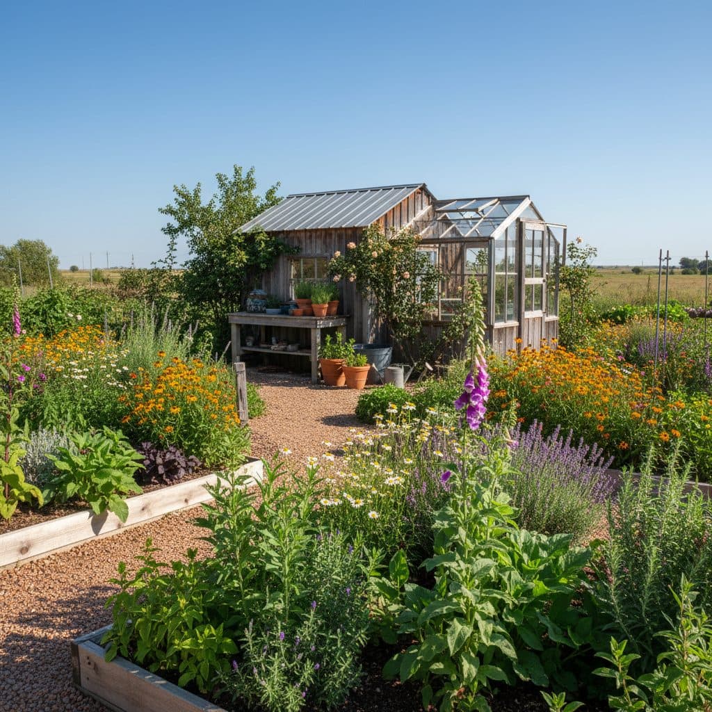 A vibrant backyard medicinal herb garden on a sunny US homestead, featuring a variety of plants in raised beds and in-ground, with a small greenhouse visible in the distance.