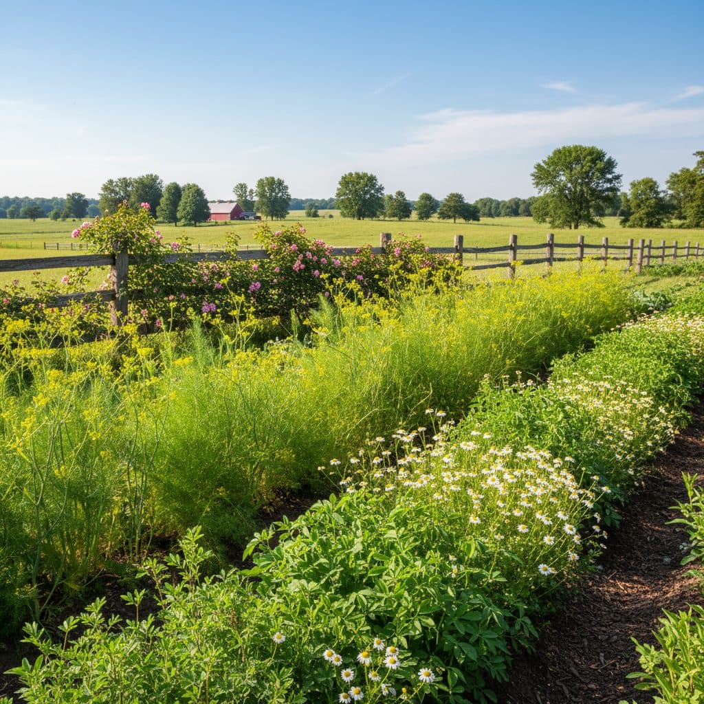 A thriving herb garden on a US homestead, featuring chamomile, fennel, and fenugreek plants in full growth.