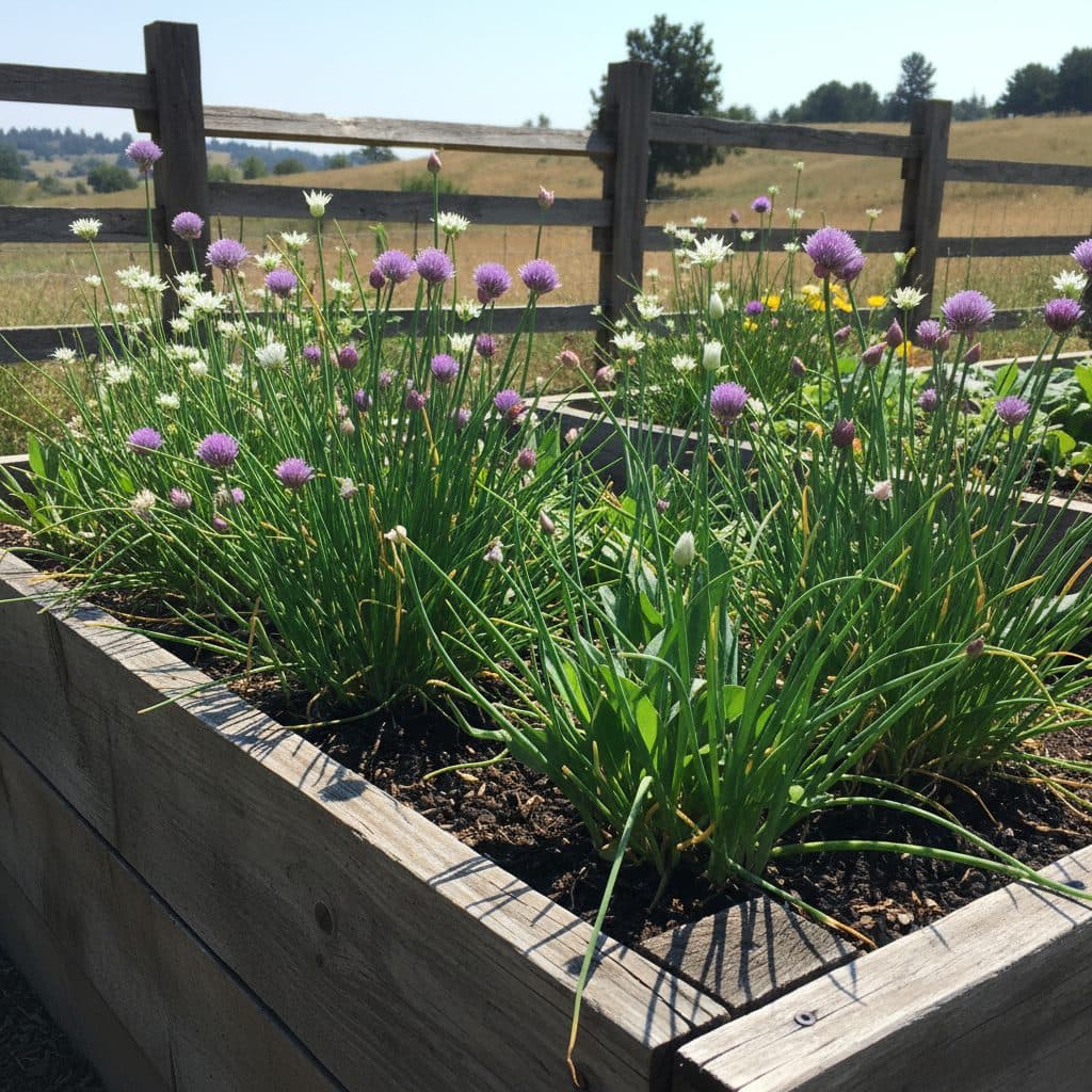 Lush chive and garlic chive plants growing in a raised garden bed on a US homestead.