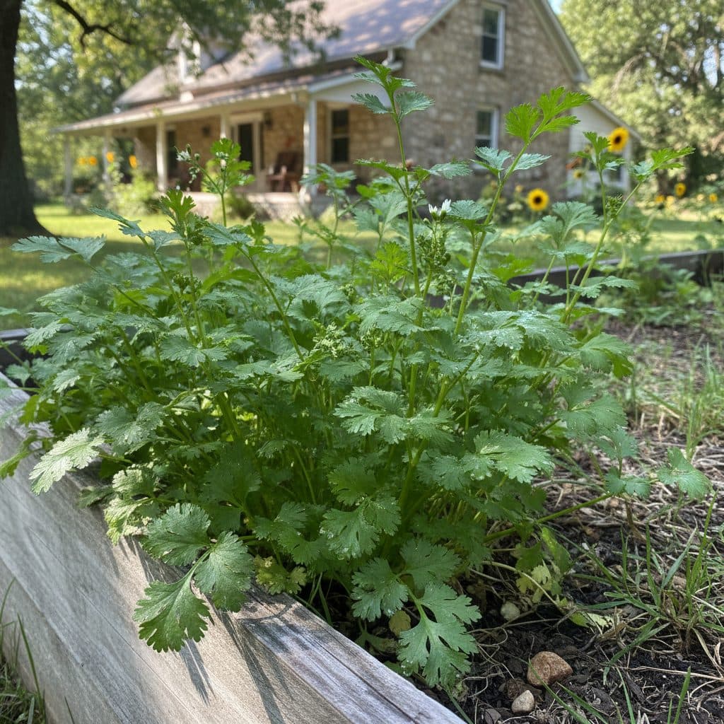 A vibrant green cilantro plant with broad, flat leaves growing in a well-maintained garden bed under partial shade.