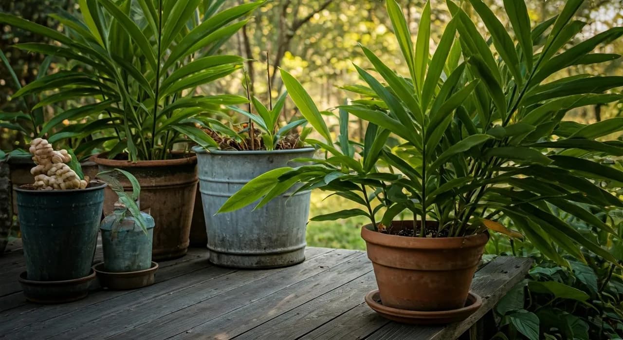Ginger plants growing in a raised garden bed and in large containers on a sunny US homestead.