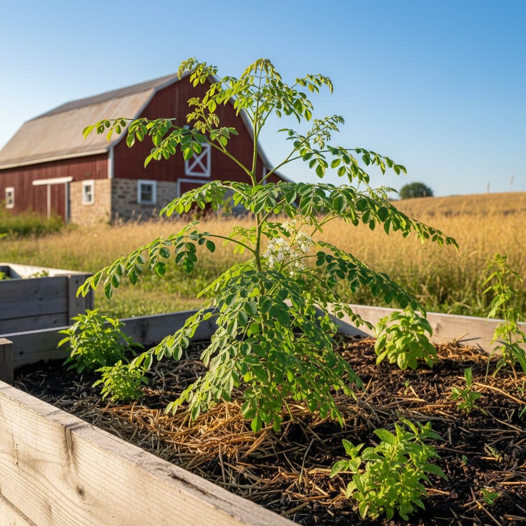 A healthy moringa plant with lush green leaves in a sunny garden bed.