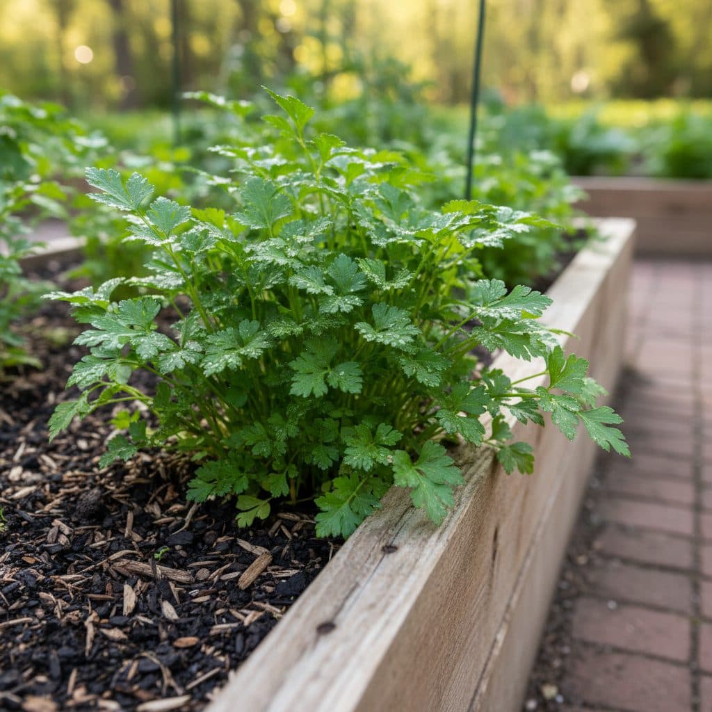 A vibrant patch of flat-leaf parsley growing in a garden bed, ready for harvest.