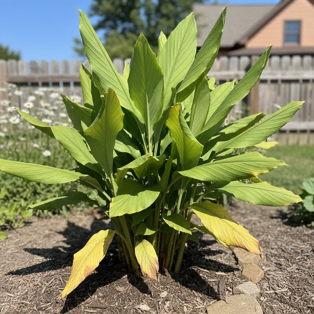 A mature turmeric plant with broad green leaves and some yellowing foliage, growing in a sunny garden bed in the US.