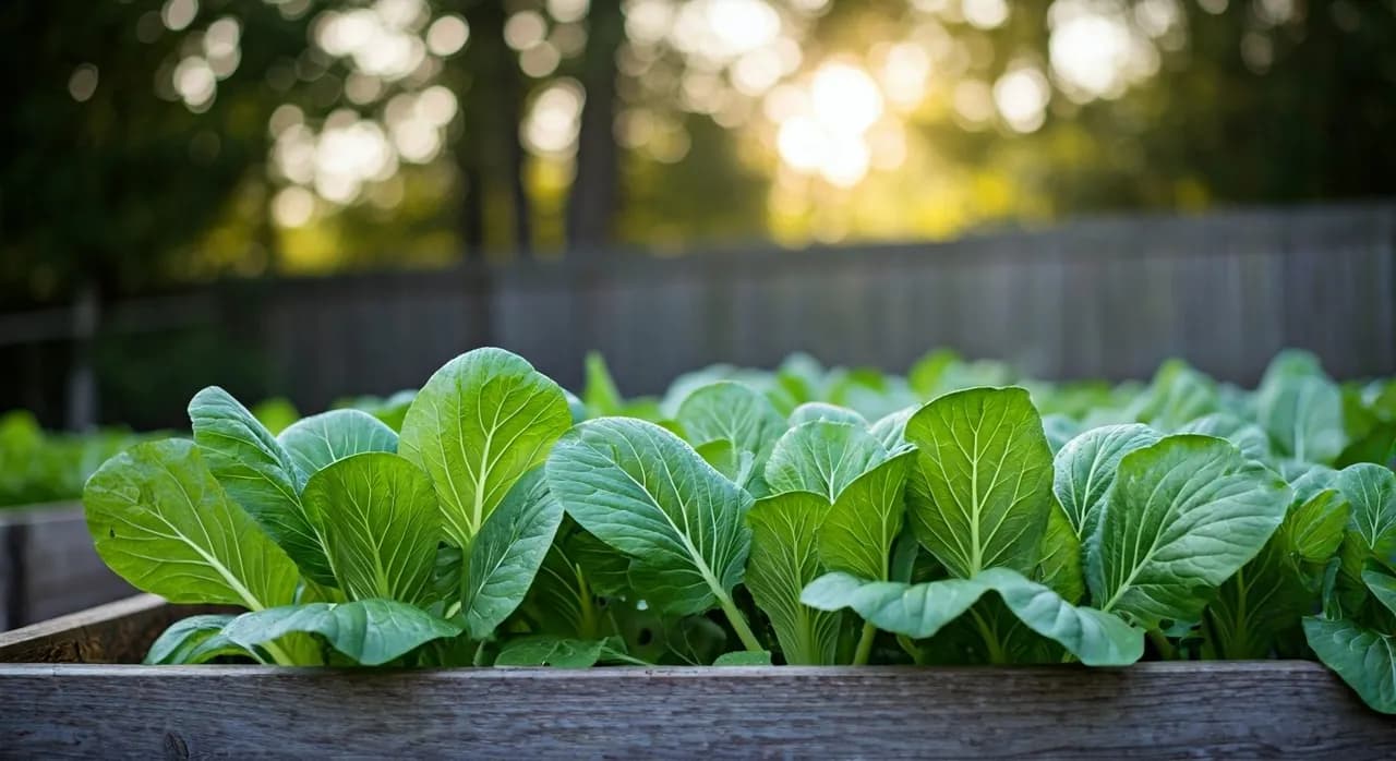 Lush raised garden beds filled with bok choy and napa cabbage on a US homestead.