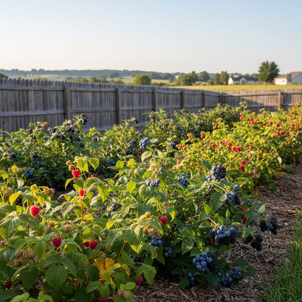A lush backyard berry patch with ripe raspberries, blueberries, and blackberries, ready for harvest.