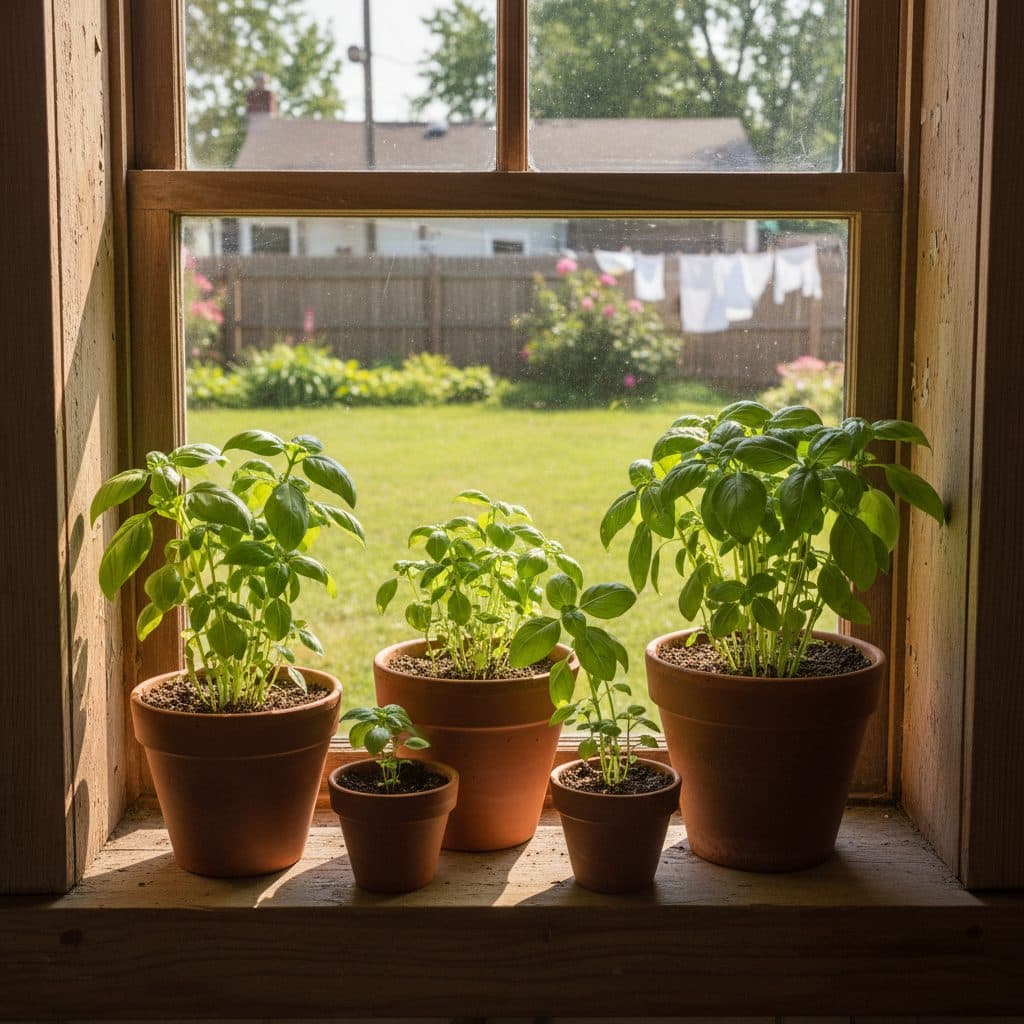 Several healthy basil plants thriving on a sunny windowsill in a US home.
