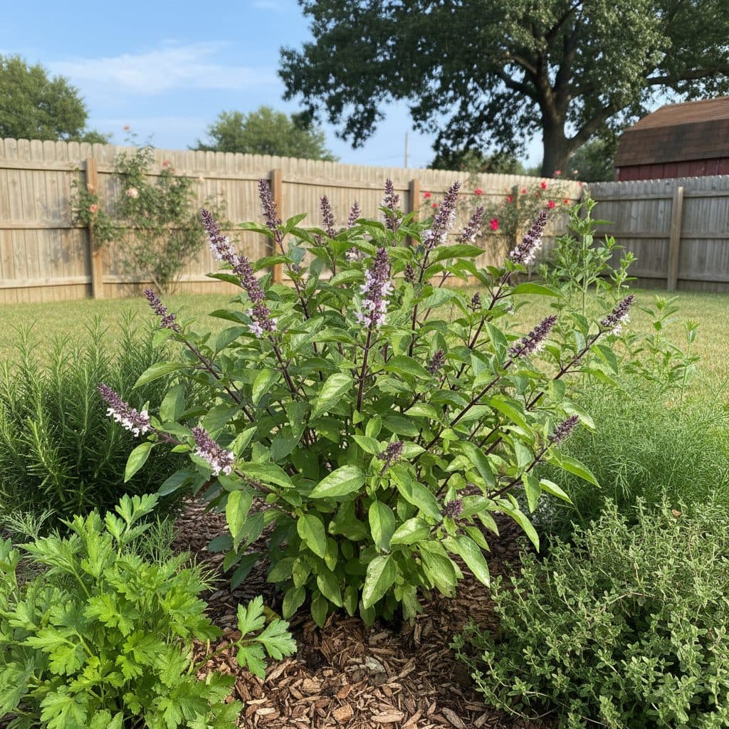 A vibrant green and purple tulsi plant thriving in a sunny US homestead garden, surrounded by other herbs.